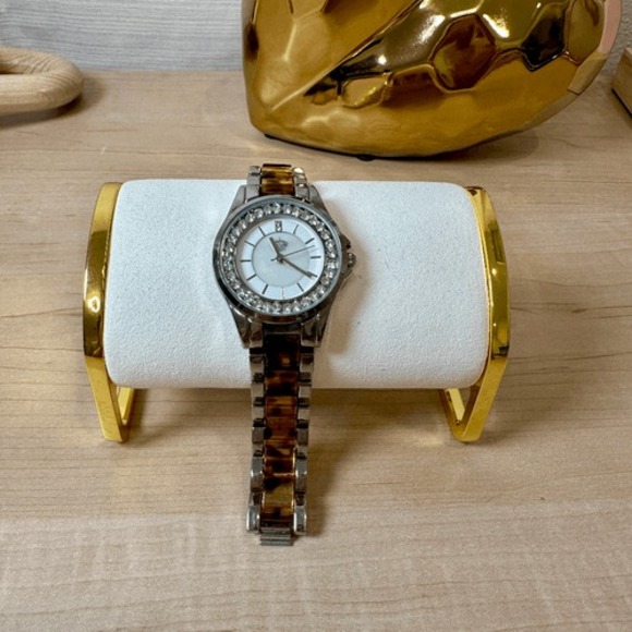 Premier Designs Silver Tone Tortoise‎ Shell Link Rhinestone Bezel Watch - Picture 5 of 5